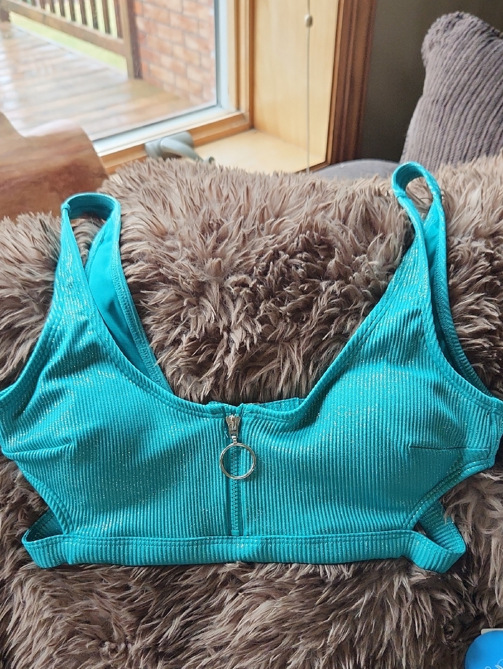 Ladies Cupshe Teal Ribbed Ring-Zip Bathing Suit Top  Med